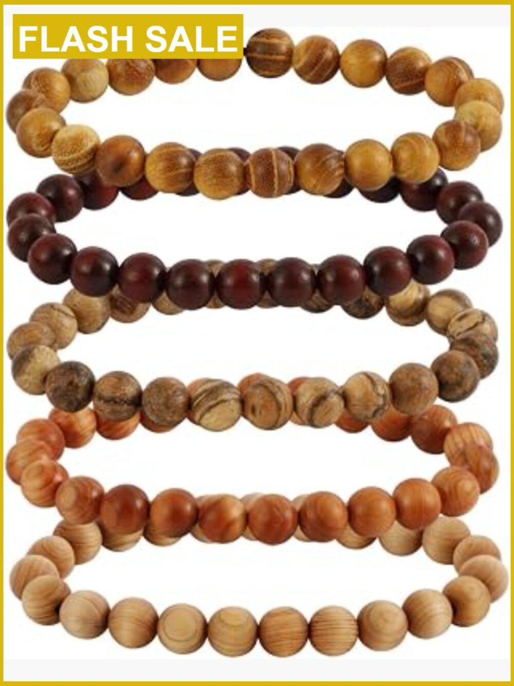 Sandalwood Stretch Bracelets with Hematite Stone Cross Mala Beads, 5 Pack
